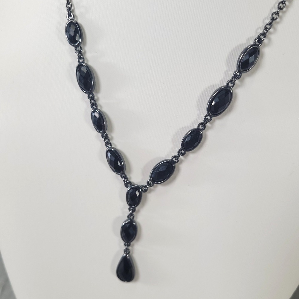 Trifari Y-Drop Necklace Women Gunmetal Black Faceted Stone Statement Jewelry